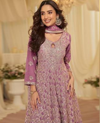 Purple georgette free size stitched suit with embroidery & zarkan work 2