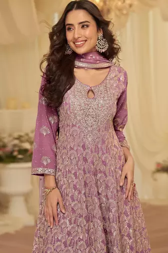 Purple georgette free size stitched suit with embroidery & zarkan work