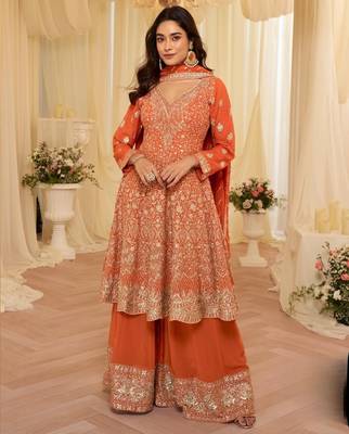 Orange georgette free size stitched suit with embroidery & zarkan work 3