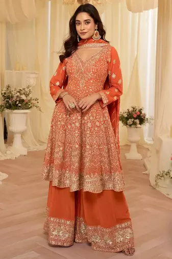 Orange georgette free size stitched suit with embroidery & zarkan work