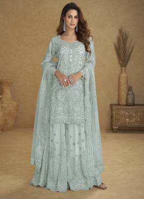 Blue net free size stitched suit with embroidery & hand work 1