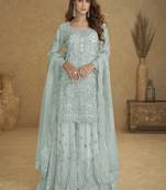 Blue net free size stitched suit with embroidery & hand work