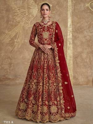 Red net semi stitched anarkali suit with codding & stone work 1
