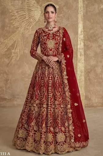 Red net semi stitched anarkali suit with codding & stone work
