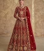 Red net semi stitched anarkali suit with codding & stone work