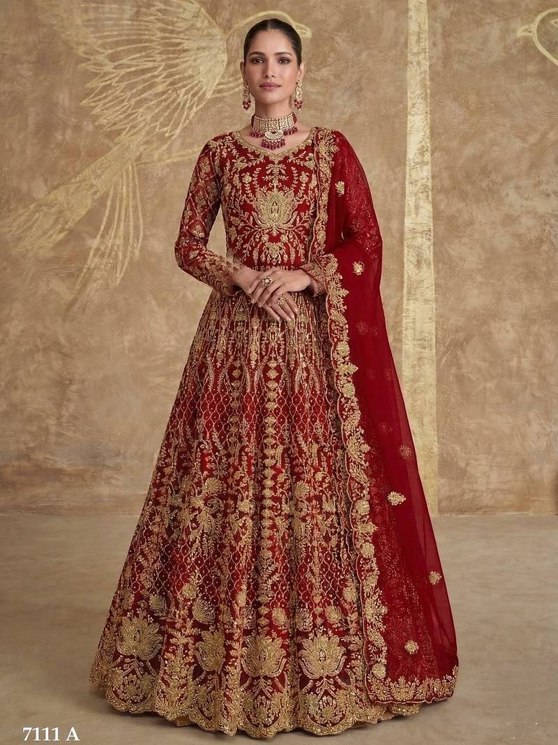 Red net semi stitched anarkali suit with codding & stone work
