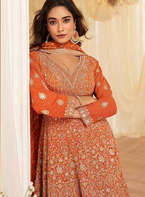 Orange georgette free size stitched suit with embroidery & zarkan work 4