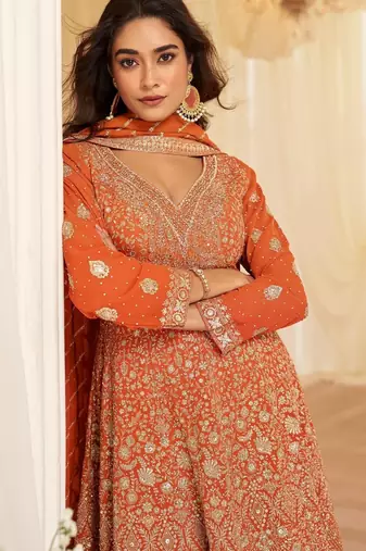 Orange georgette free size stitched suit with embroidery & zarkan work