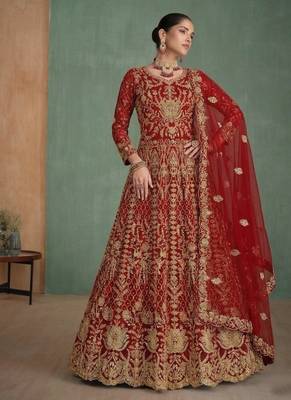 Red net semi stitched anarkali suit with codding & stone work 2
