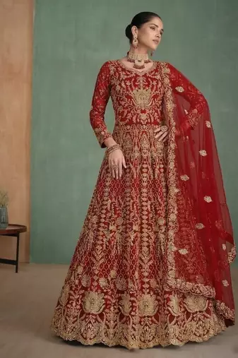 Red net semi stitched anarkali suit with codding & stone work