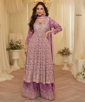 Purple georgette free size stitched suit with embroidery & zarkan work 3