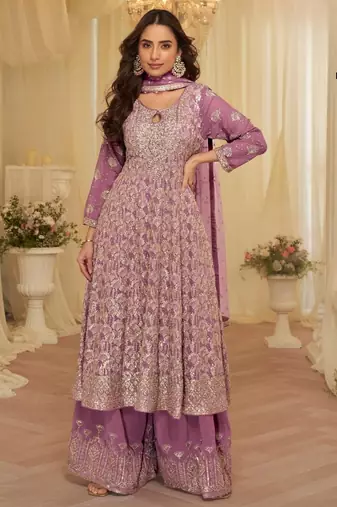 Purple georgette free size stitched suit with embroidery & zarkan work