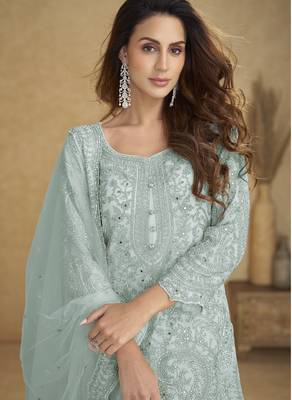 Blue net free size stitched suit with embroidery & hand work 2