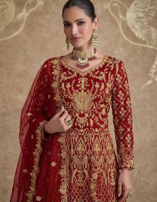 Red net semi stitched anarkali suit with codding & stone work 3