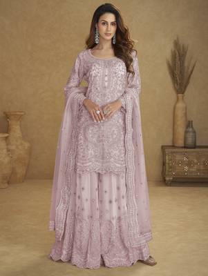 Lavender net free size stitched suit with embroidery & hand work 1