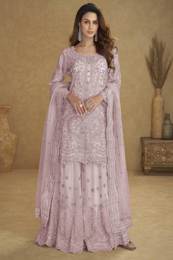 Lavender net free size stitched suit with embroidery & hand work