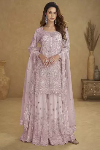 Lavender net free size stitched suit with embroidery & hand work