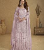 Lavender net free size stitched suit with embroidery & hand work