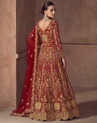 Red net semi stitched anarkali suit with codding & stone work 4