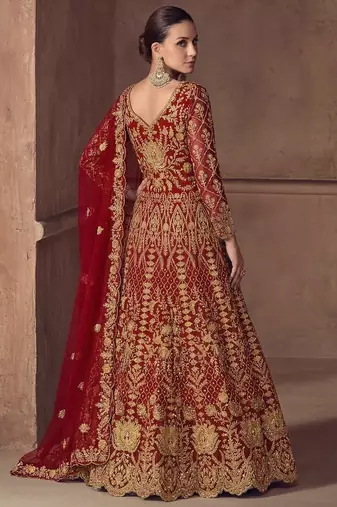 Red net semi stitched anarkali suit with codding & stone work
