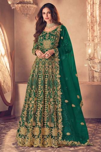 D green net semi stitched anarkali suit with codding & stone work