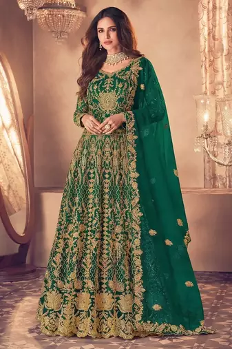D green net semi stitched anarkali suit with codding & stone work