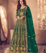 D green net semi stitched anarkali suit with codding & stone work