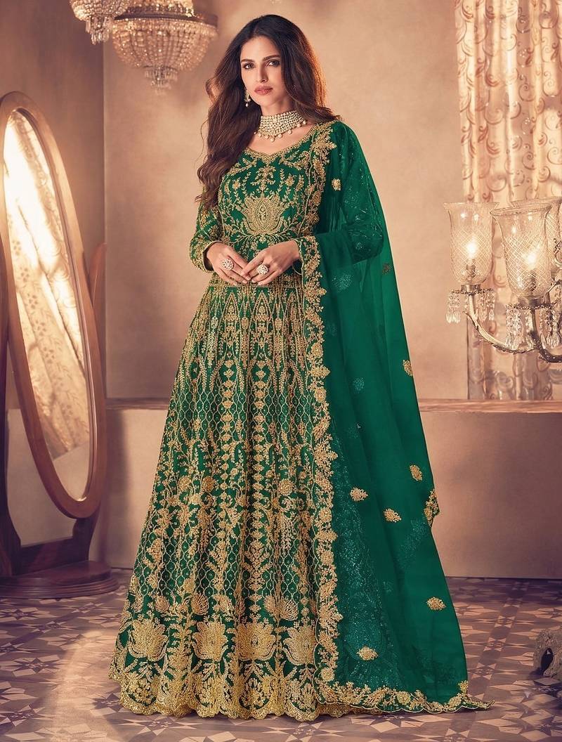D green net semi stitched anarkali suit with codding & stone work