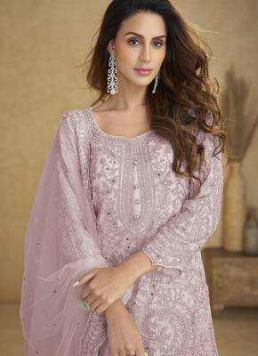 Lavender net free size stitched suit with embroidery & hand work 2