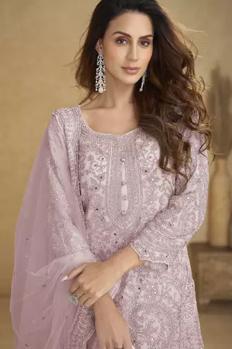 Lavender net free size stitched suit with embroidery & hand work