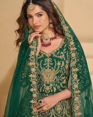 D green net semi stitched anarkali suit with codding & stone work 2