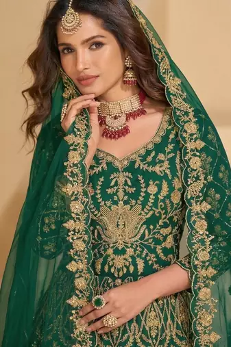 D green net semi stitched anarkali suit with codding & stone work