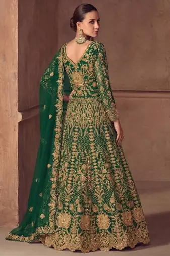 D green net semi stitched anarkali suit with codding & stone work