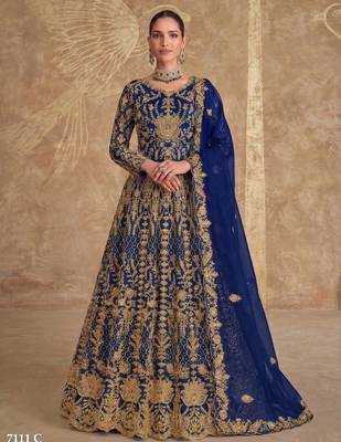 Blue net semi stitched anarkali suit with codding & stone work 1