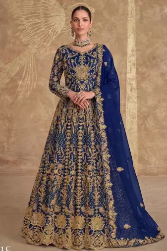 Blue net semi stitched anarkali suit with codding & stone work