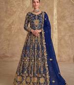 Blue net semi stitched anarkali suit with codding & stone work