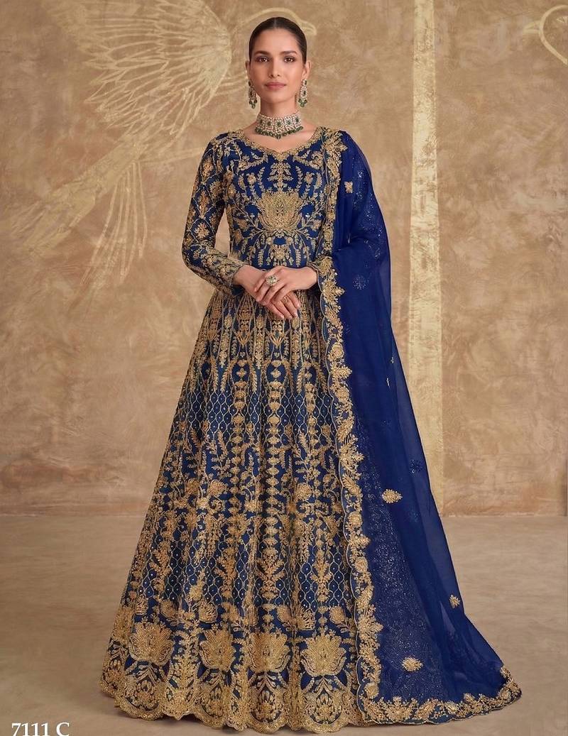 Blue net semi stitched anarkali suit with codding & stone work