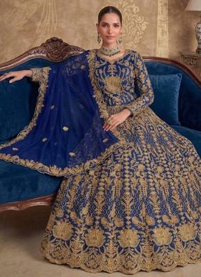 Blue net semi stitched anarkali suit with codding & stone work 2