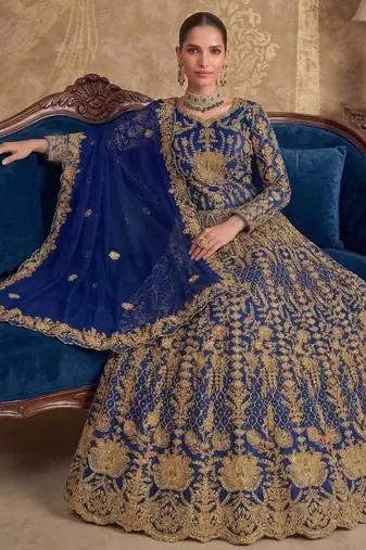 Blue net semi stitched anarkali suit with codding & stone work