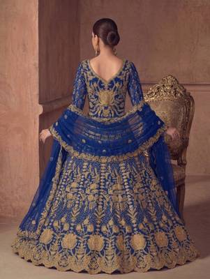 Blue net semi stitched anarkali suit with codding & stone work 3