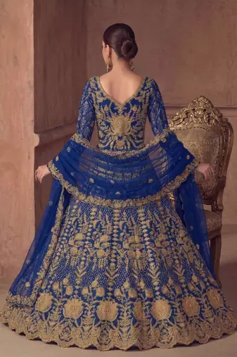 Blue net semi stitched anarkali suit with codding & stone work