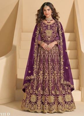 Purple net semi stitched anarkali suit with codding & stone work 1