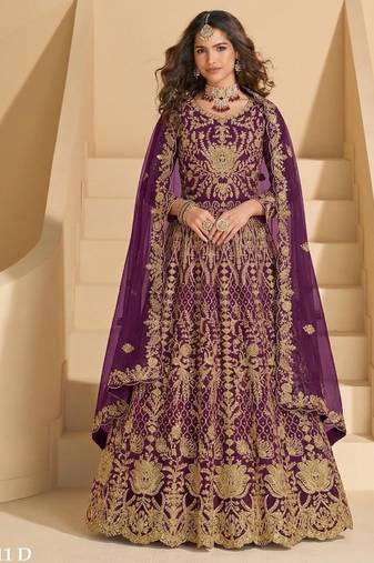 Purple net semi stitched anarkali suit with codding & stone work