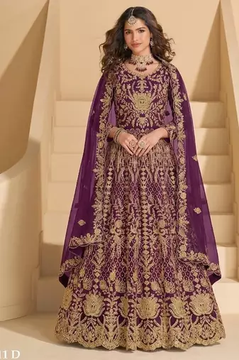 Purple net semi stitched anarkali suit with codding & stone work
