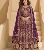 Purple net semi stitched anarkali suit with codding & stone work