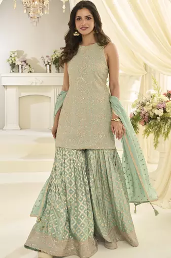 Sea georgette free size stitched suit with embroidery & zarkan work