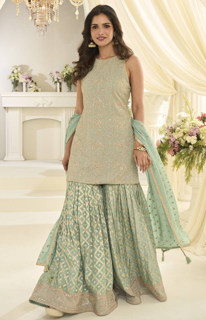 Sea georgette free size stitched suit with embroidery & zarkan work