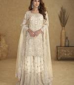 White net free size stitched suit with embroidery & hand work