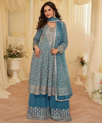 Blue georgette free size stitched suit with embroidery & zarkan work 1