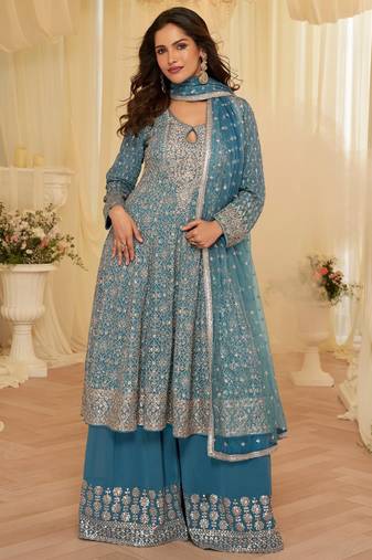 Blue Georgette Readymade Stitched Suit with Embroidery & Zarkan Work